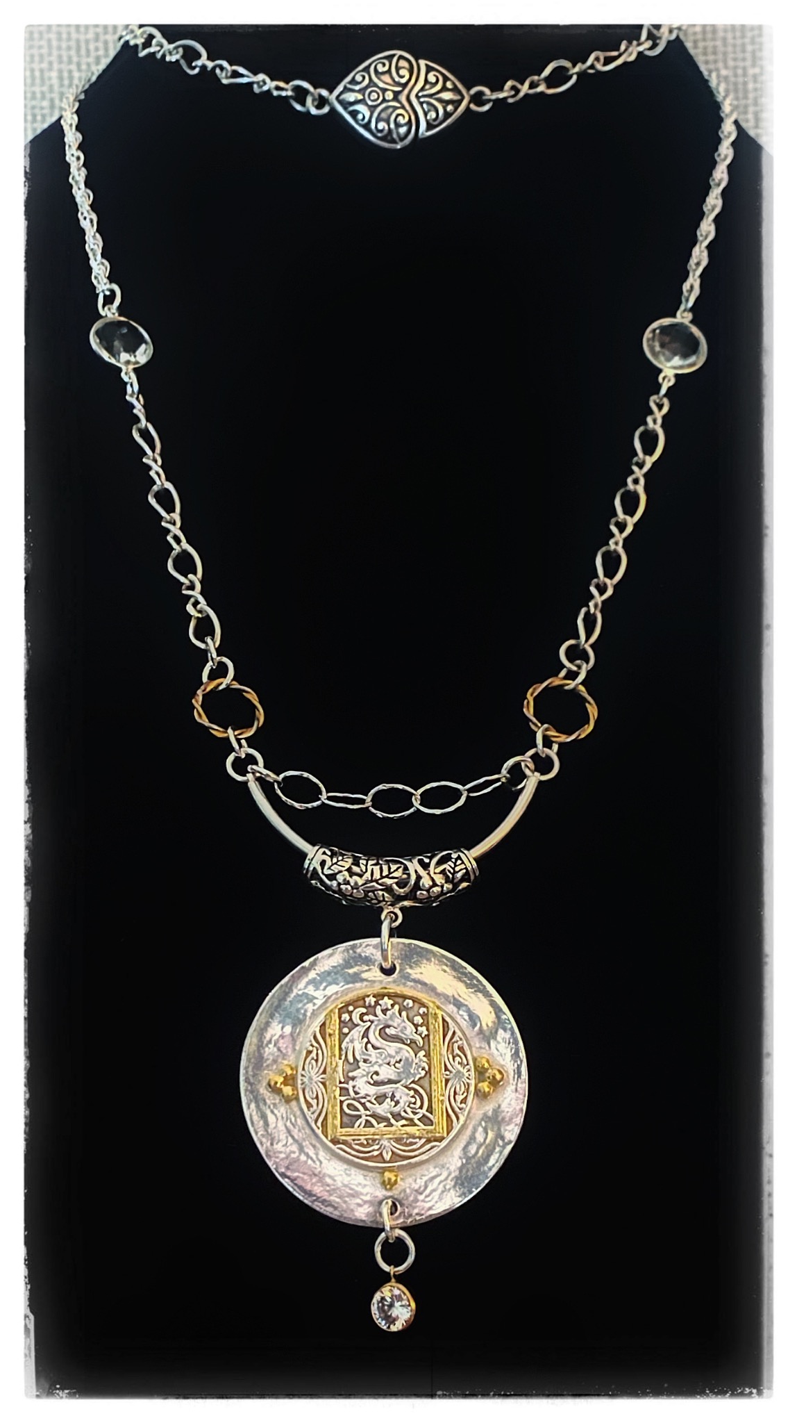 Dragon pendant in solid silver with fused 24-karat gold and a citrine dangle