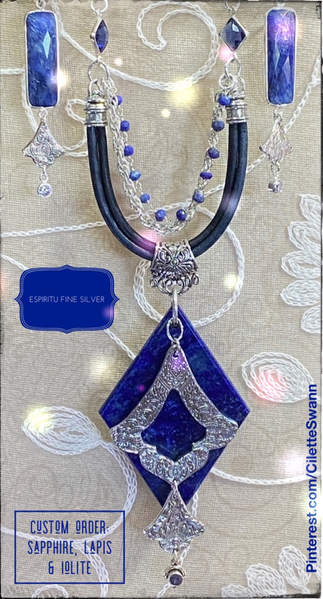 Blue diamond-shaped lapis necklace handcrafted in fine silver with iolite and sapphire gemstones