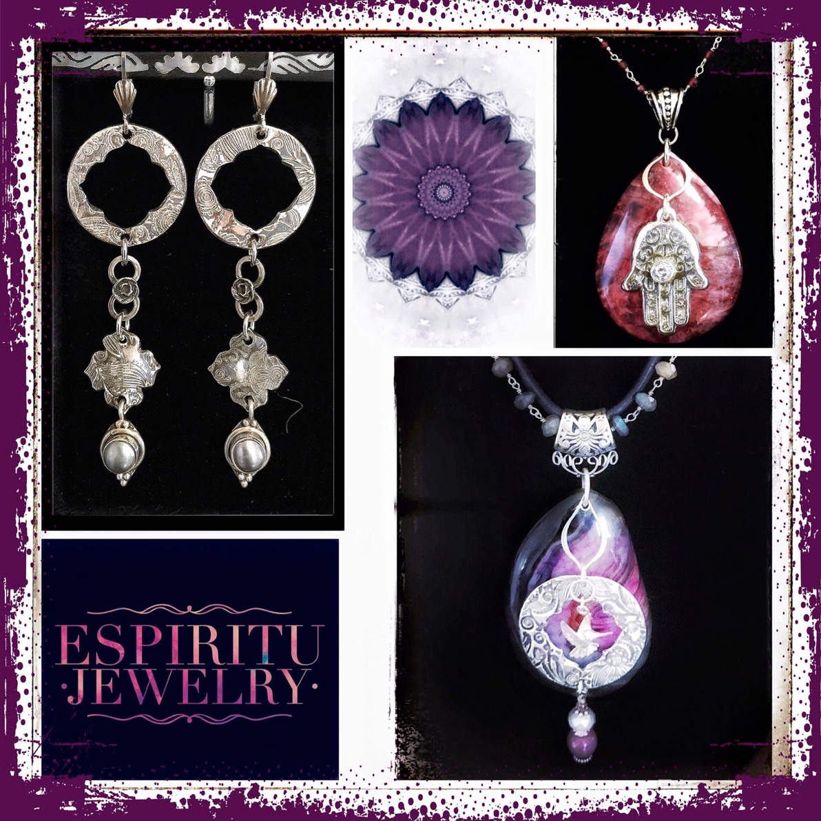 Jasper, agate and pearl fine silver jewelry set